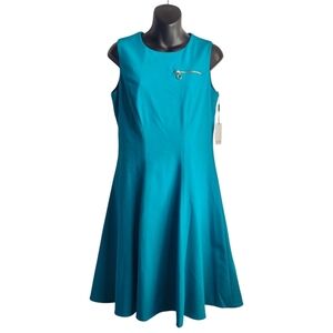 Calvin Klein Teal knee Length Dress Sleeveless Stretch Fit Flare Size 6 NWT